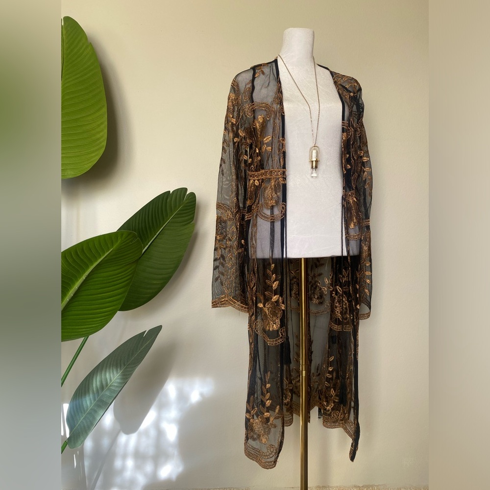 Haute Monde Sheer black and gold sexy swim cover up or sheer robe size medium